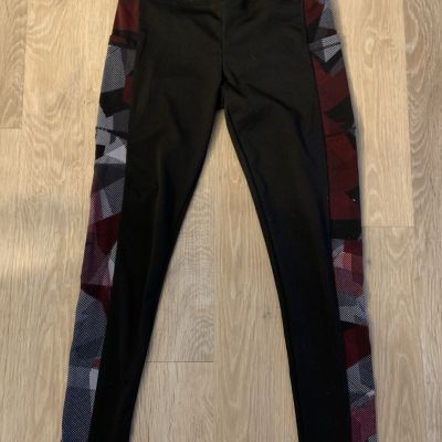 Shosho Ladies Size Small Black Athletic Psnts With Burgundy & Gray Print At Side