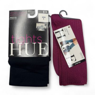 HUE 1 Pair Super Opaque Tights Womens Size 1 Black | FREE Pair Luster Rib Socks