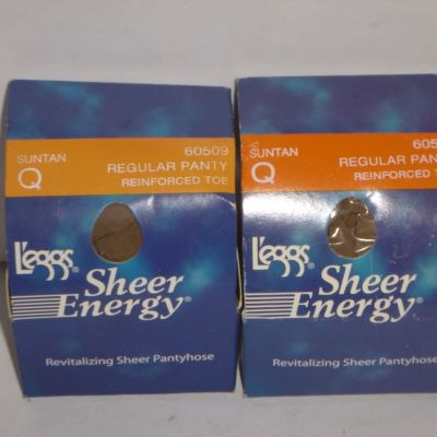 (2 pair) LEGGS Sheer Energy Regular Pantyhose - Reinforced Toe - Suntan - Size Q