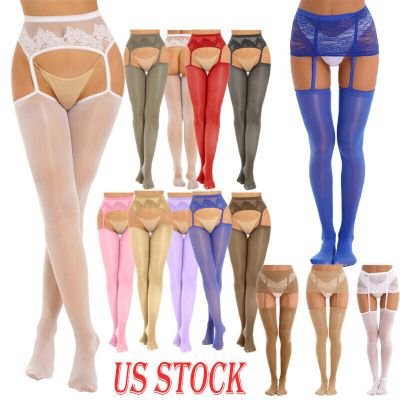 US Womens Lingerie Semi Sheer Lace Mini Skirt Garter Belt Footed Stockings