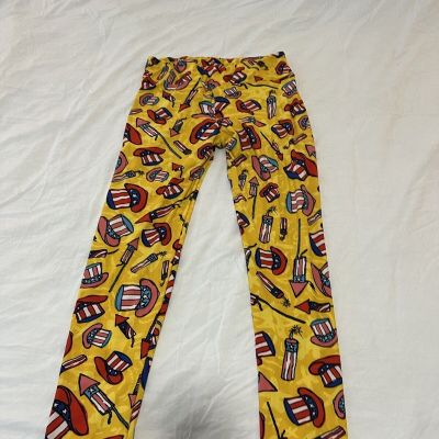 LULAROE One Size Fireworks 4th Of July Americana Stars Yellow Leggings 4y