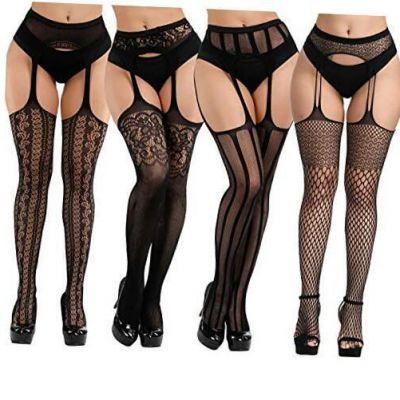 Women High Waist Tights Fishnet Stockings One Size 4 Pair Suspender Tights