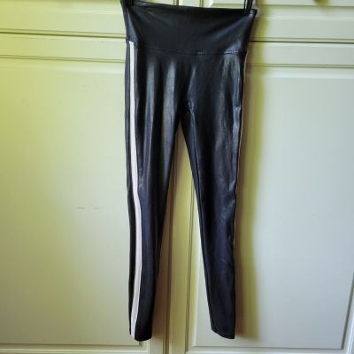 SPANX Black Faux Leather Leggings with White Side Stripe Women’s Sz Small