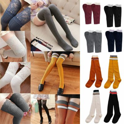 Women Cable Knit Long Stripe Socks Over Knee Thigh High School Girl Stocking US