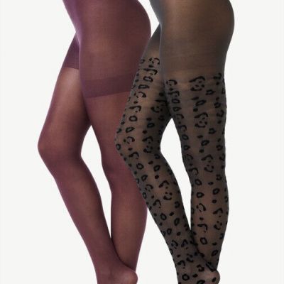 NEW Joyspun Women's Purple Opaque & Black Flocked Leopard 2 Pack Tights Size S