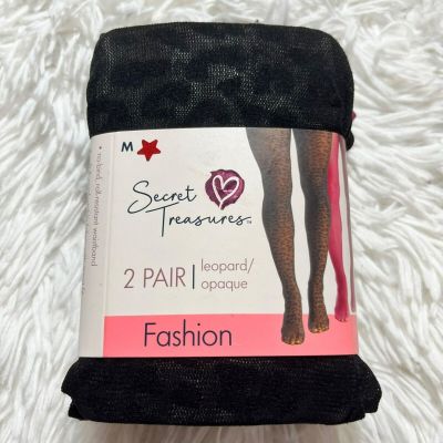 NEW SECRET TREASURES TIGHTS MEDIUM 2 PACK BLACK SHEER LEOPARD OPAQUE PINK PURPLE