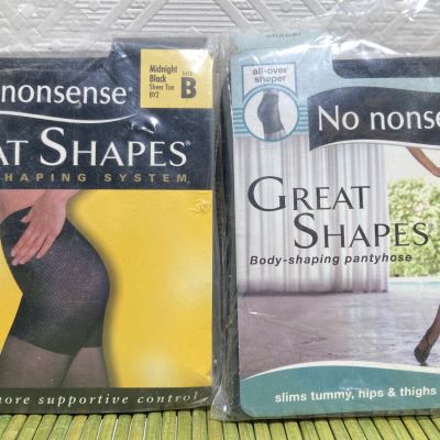 No Nonsense Pantyhose Great Shapes 2 Pair Midnight Black Sheer Toe Size B NEW