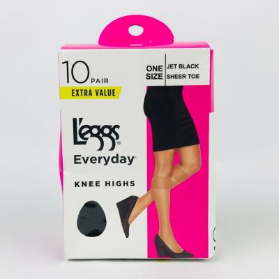 L'eggs Everyday Knee Highs One Size Jet Black Sheer Toe 10 Pairs