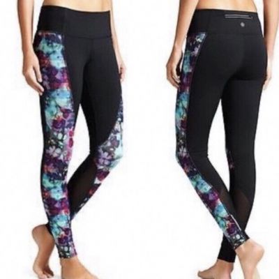 Athleta Leggings Womens S Floral Fade Leggings Black Watercolor Sheer Mesh Panel