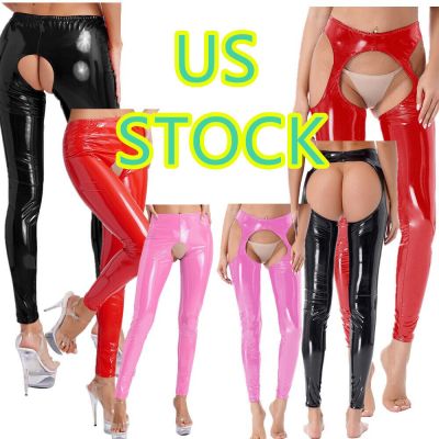 US Womens Shiny Leather Tights Cutout Crotchless Open Butt Skinny Pant Clubwear