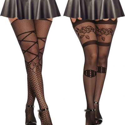 MengPa Womens Fashion Fishnet Stockings Thigh-High Suspender Black One Size