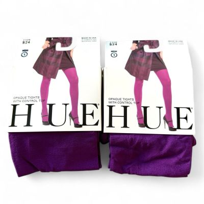 HUE Opaque Tights with Control Top Womens Size 1 Concord Purple 2 Pairs New