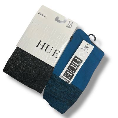 Hue Metallic Black Gold Tights Size S/M With Ocean Blue Colorblock Socks