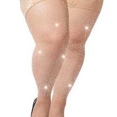 Plus Size Fishnet Stockings for Women Sparkling Rhinestone One Size Plus Nude