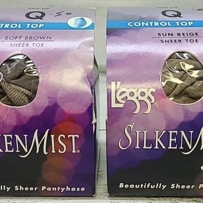 2 Leggs Sheer Pantyhose Size Q Sun beige Silken Mist Control Top Soft Brown New