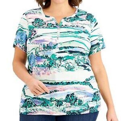 Karen Scott Plus Size Painted-Fields-Print Henley Top, 0X