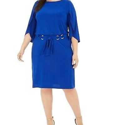 Msk Plus Size Belted Tulip-Sleeve Dress - Goddess Blue 1X