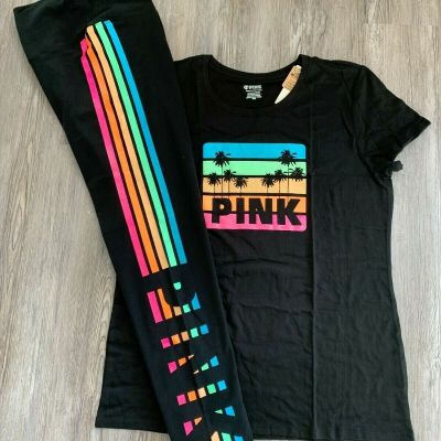 NWT VICTORIA SECRET PINK Tropical Shine Tee & Black with Rainbow Leggings XL Set