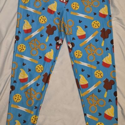 Disney Parks Exclusive Snacks Blue Leggings Size L Dole Whip Mickey Pretzel