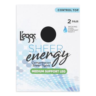 L'eggs Sheer Energy Medium Leg Support Control Top Tights 2 Pairs Jet Black Sz Q