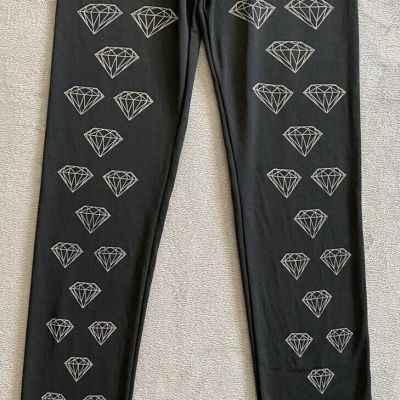 Women Leggings Pants Black Diamonds White Sz M Hold me Tighs Black