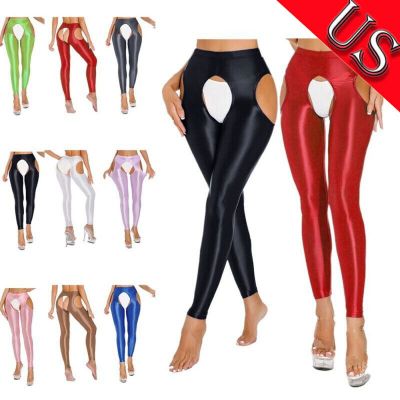 US Womens Oil Crotchless Pantyhose High Waist Stockings Yoga Tights Long Pants