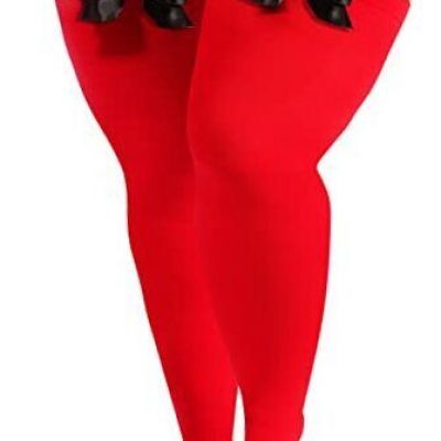 Women Plus Size Bow Thigh Highs Stockings Opaque Over the One Size Plus Red