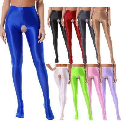 US Women Oil Shiny Stockings Seamless Open Crotch Glossy Smooth Tights Pantyhose