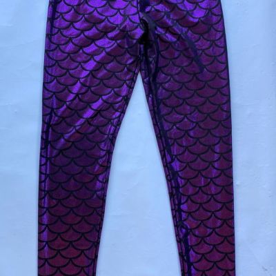 Mermaid Fish Scale Pattern Leggings Purple Small Stretch Shiny Yoga