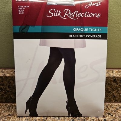 Hanes Silk Reflections Opaque Tights Control Top Black Size EF NEW