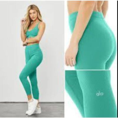 (S) $98 Alo Yoga Ribbed High-Waist 7/8 Blissful Legging Ocean Teal Size Small