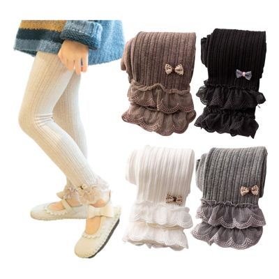 4 Pack Girls Ankle Length Cable Knit Footless Lace Ruffle Tights Stretch 9-12T