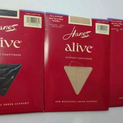 3 PK Hanes Alive Support Pantyhose Style 811 Size F Jet Travel Buff Barel Black