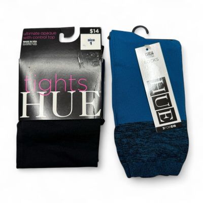 Hue Ultimate Opaque Control Top Tights Size 1 Black and 1 Pair Blue Bodysock OS