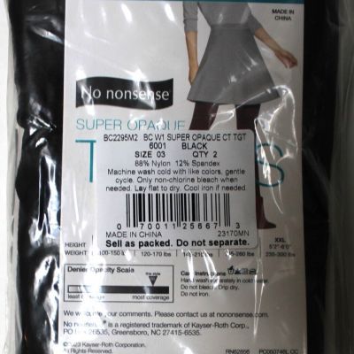 NIP Lot (3 Pair) No Nonsense sz L Black Super Opaque Control Top Tights