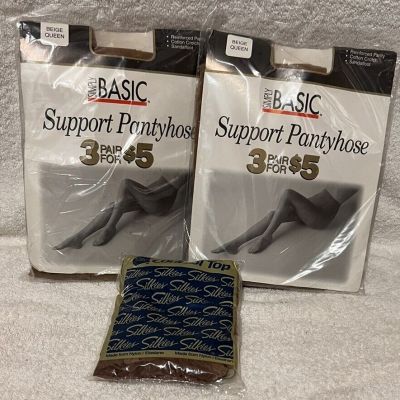 Lot Of 2 Simply Basic Beige Queen Support Pantyhose & 1 Silkies US Made 7 Pairs