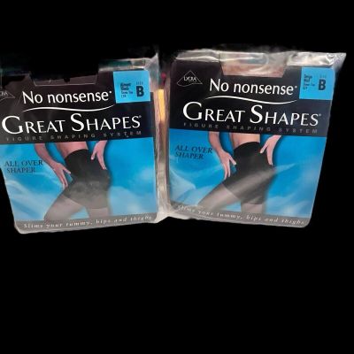 Lot Of 2 No Nonsense Great Shapes Pantyhose- Size B- Beige Mist Almost Black New