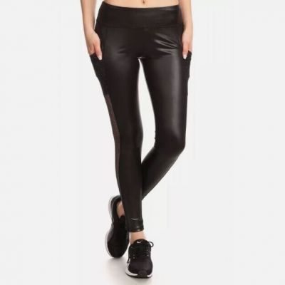 Yado Faux Leather Leggings Black w/ Side Pockets Silver Mesh Detail Sm YD7L100