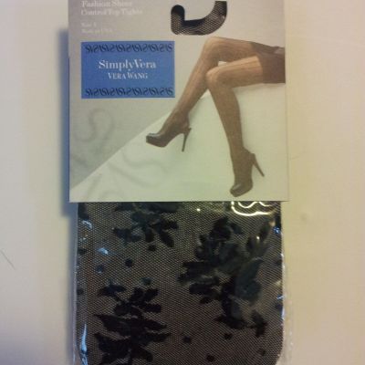 Vera Wang Black Floral Dot Fashion Tights Size 1 or 2 Sheer Control Top Tights