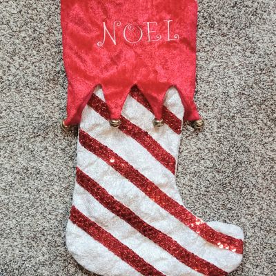 Vintage Jingle Bells Crushed Velvet Candy Cane Christmas Stocking NOEL Red and