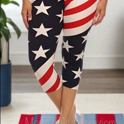 NEW Size 12-18 Women USA American Flag Capri Leggings Buttery Soft Yoga Pants