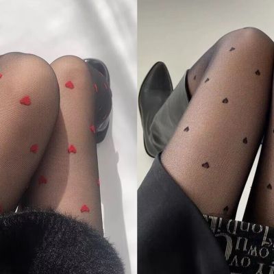 NEW HEART PATTERNED PANTYHOSE SHAPED STOCKINGS TIGHTS RED BLACK THIN SHEER LOVE