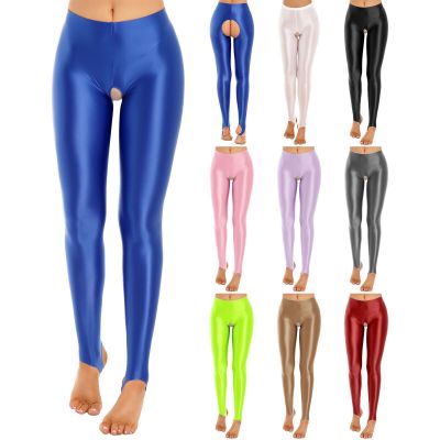 Women Shiny Oil Glossy Crotchless Stirrup Leggings Elastic Waistband Yoga Pants