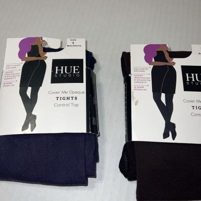 2 pr HUE Studio Tights Control Wide Waistband Opaque Blackberry Espresso Sz 1