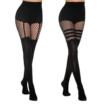 Black Hollow-Out Pantyhose Suspenders Fishnet Stockings Women Nightclub Tights