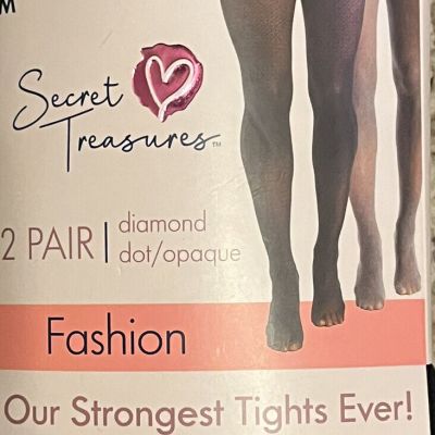 2 Pair Secret Treasure Fashion Tights Black Diamond Dot/Opaque Women’s Size M