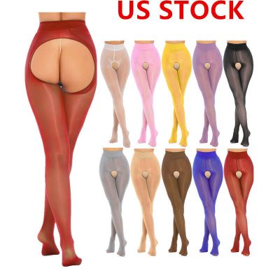 US Women's Glossy Oily Shiny Pantyhose Sheer High Waist Hollow Out Stockings