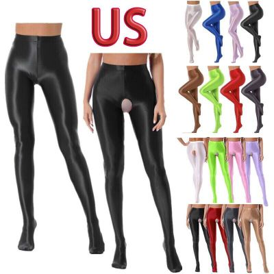 US Women's Shiny Oil Glossy Yoga Pants High Waist Gym Tights Open Crotch Workout