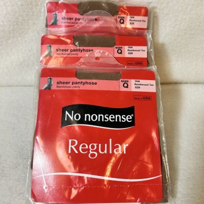 No Nonsense Sheer Pantyhose (3 Pair) Size Q Tan Reinforced Toe & Panty NEW! XL