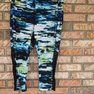 Avia-Woman Capri Leggings-Size Large-Blue/Green/Black-Sheer-Inset-Yoga/Exercise